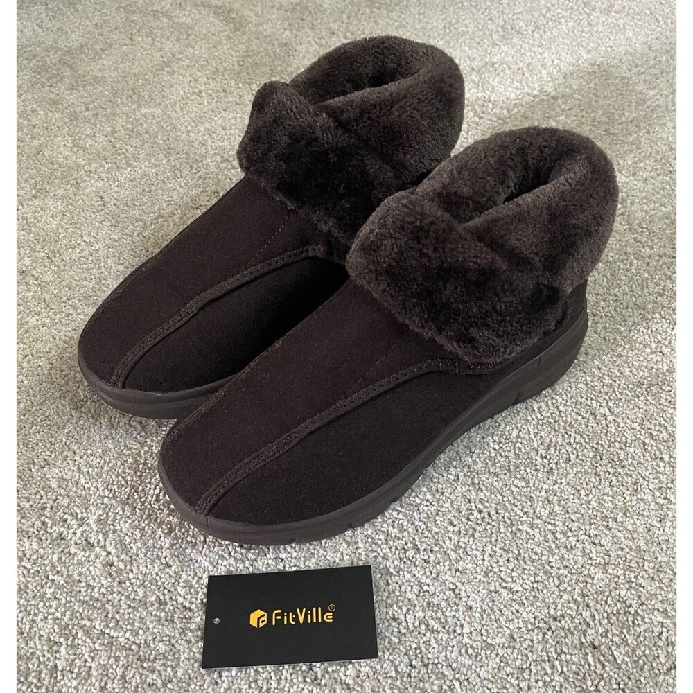 FitVille Mens Winter Boots UK 8 US 9 Extra Wide Diabetic Fur Lined Adjustable